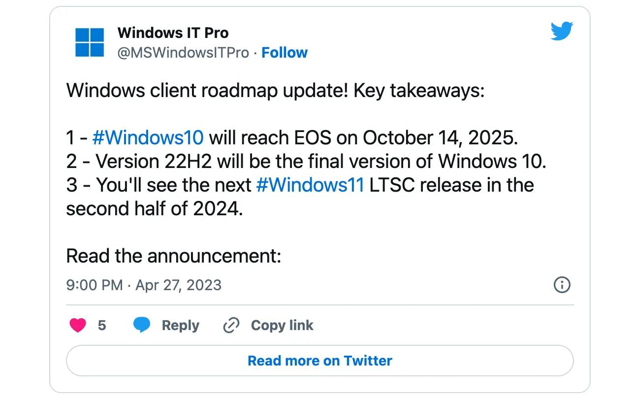 No more feature updates for Windows 10 - Twitter