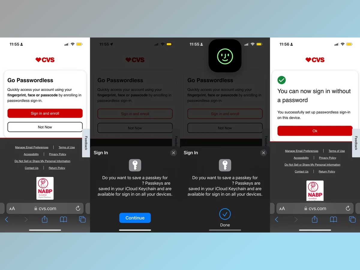 Screenshots demonstrating CVS pharmacy's passkey enrollment process on Safari for iPhone users.