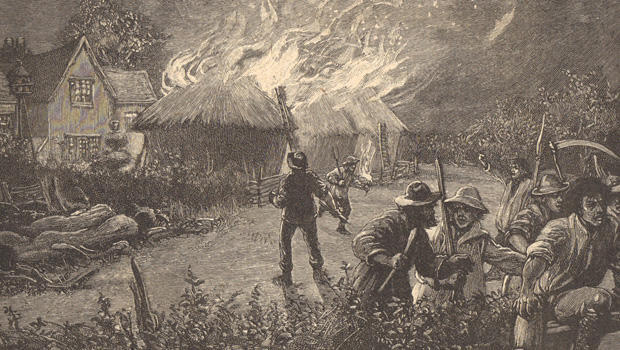 An 1890s engraving of an early 19th century attack by agricultural workers upon a Kent farm, at which threshing machines were destroyed, because the laborers thought they were threatening their jobs.