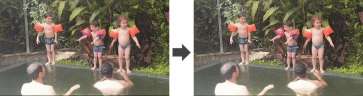 In the original video (left), each child jumps at a different time. After editing (right), everyone jumps together.