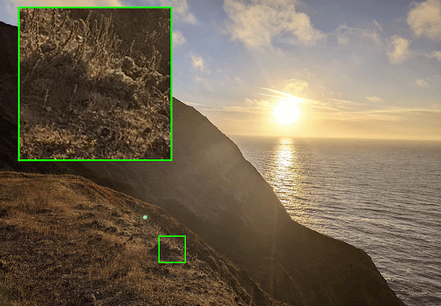 The same photo using HDR+ (red outline) and HDR+ with Bracketing (green outline). While the characteristic HDR+ look remains the same, bracketing improves image quality, especially in shadows, with more natural colors, improved details and texture, and reduced noise.