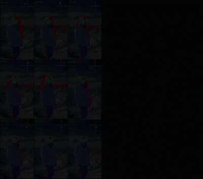 During the camera trajectory optimization, the goal is to select a path for the camera with the least amount of noticeable artifacts. In these preview images, artifacts in the output are colored red while the green and blue overlay visualizes the different body regions.