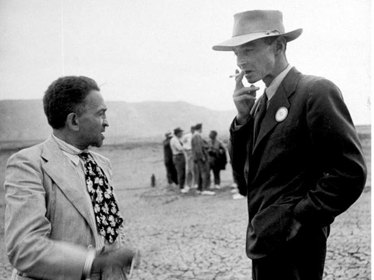 Left: New York Times journalist William Laurence and J. Robert Oppenheimer at the Trinity site in September 1945