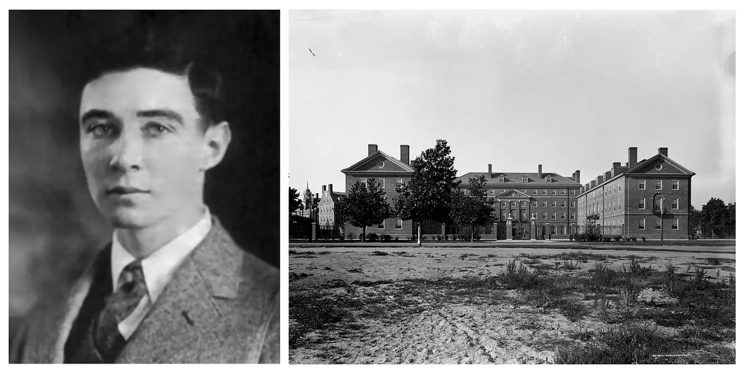 Left: Oppenheimer’s 1925 Harvard University graduation photo. Right: Standing Hall, the Freshman dormitories at Harvard where Robert lived for a period