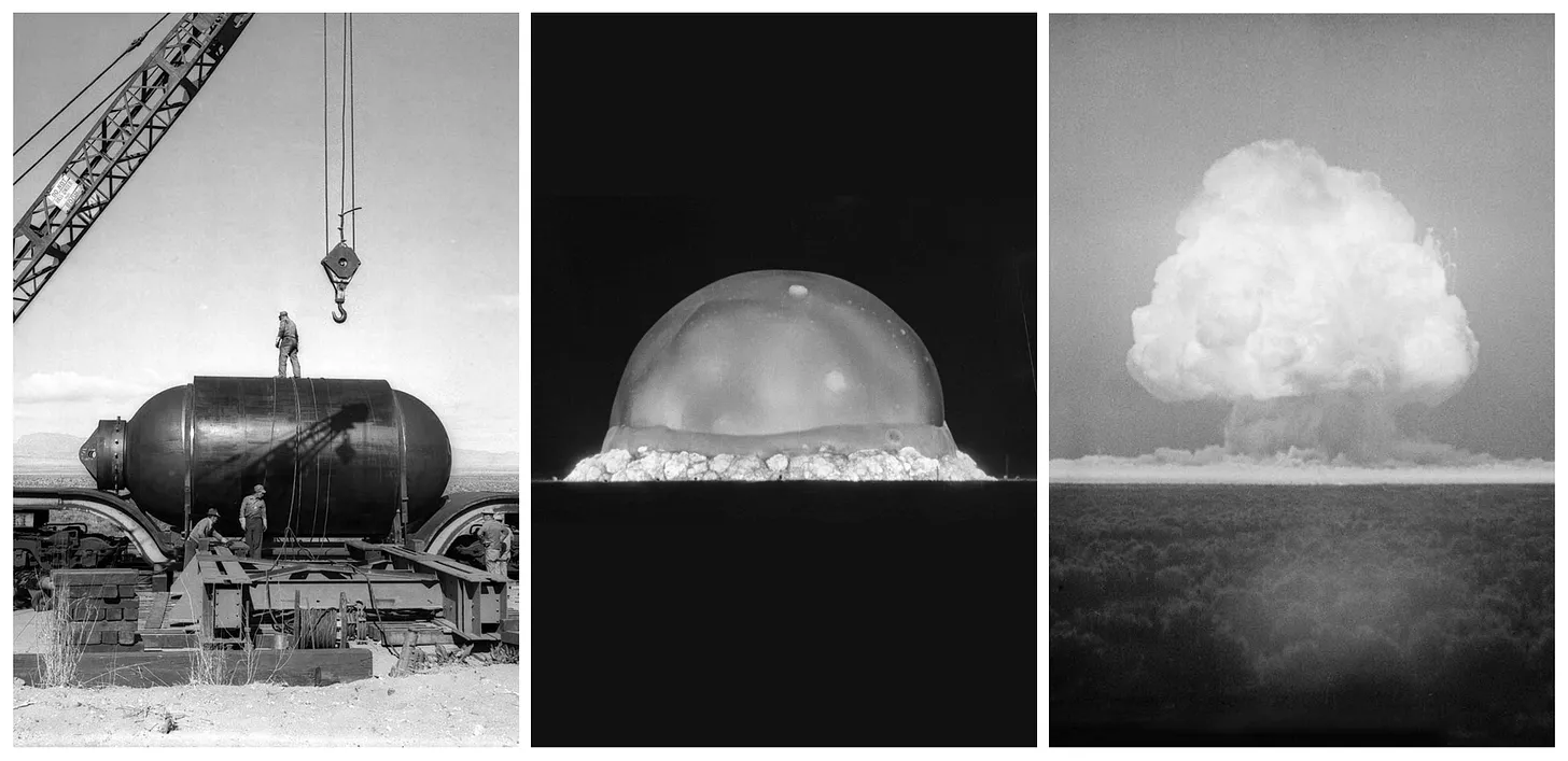 Left: “Jumbo” during transport. Center: The explosion 1/40 second after detonation. Right: The mushroom cloud.