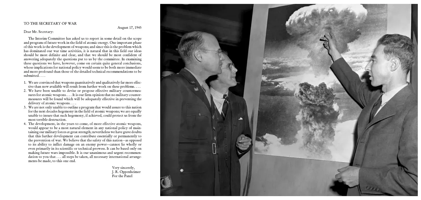 Left: Oppenheimer’s letter to the Secretary of War. Right: Oppenheimer discussing the mushroom cloud left over Nagasaki following the detonation of the Fat Man nuclear weapon