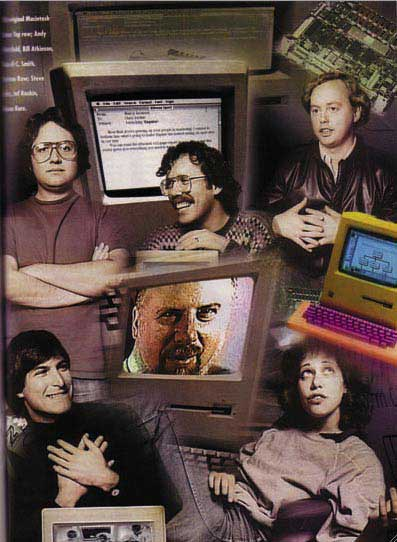 The following collage is from an article by Steven Levy that appeared in the February 1994 issue of Popular Science, commemerating the Macintosh's tenth birthday. It's based on pictures taken by Norman Seiff for Rolling Stone Magazine in January 1984. Featuring Andy Hertzfeld, Bill Atkinson, Burrell Smith, Steve Jobs and Susan Kare, with Jef Raskin in the center.